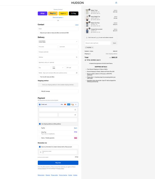 Hudson Jeans checkout page showing Hudson Jeans discount code box | Screenshot taken by SimplyCodes community member on Aug 31, 2025