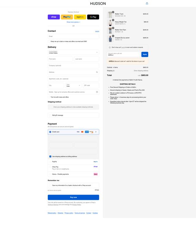 Hudson Jeans checkout page showing Hudson Jeans discount code box | Screenshot taken by SimplyCodes community member on Sep 4, 2025
