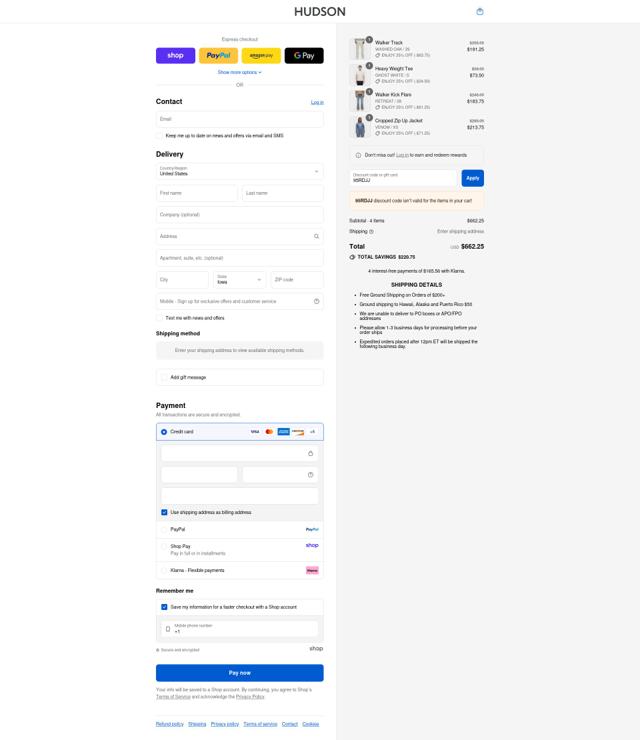 Hudson Jeans checkout page showing Hudson Jeans discount code box | Screenshot taken by SimplyCodes community member on Aug 31, 2025