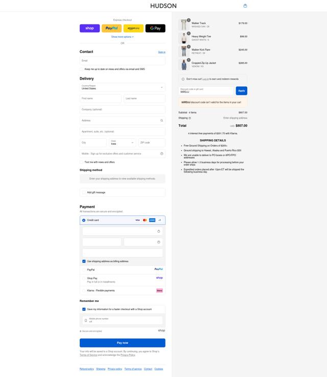 Hudson Jeans checkout page showing Hudson Jeans discount code box | Screenshot taken by SimplyCodes community member on Sep 12, 2025