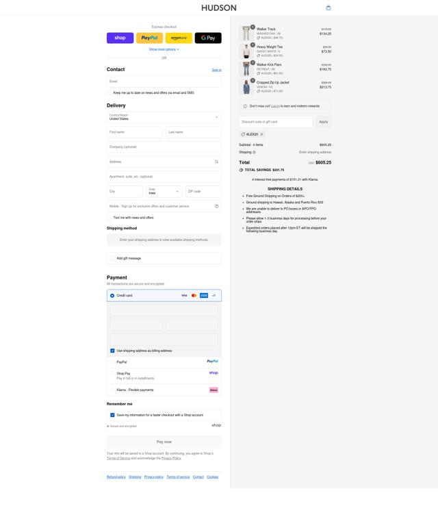 Hudson Jeans checkout page showing Hudson Jeans discount code box | Screenshot taken by SimplyCodes community member on Sep 12, 2025
