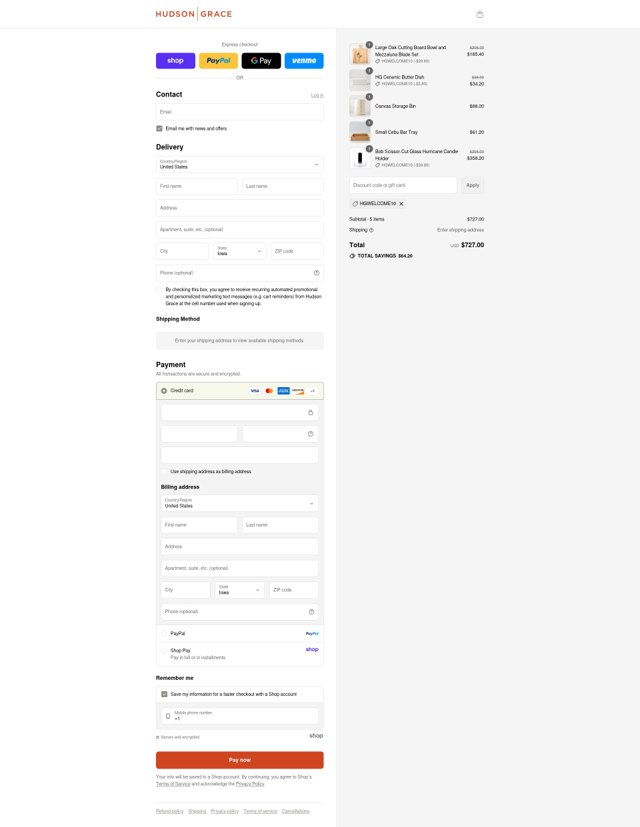 Hudson Grace checkout page showing Hudson Grace discount code box | Screenshot taken by SimplyCodes community member on Sep 6, 2025