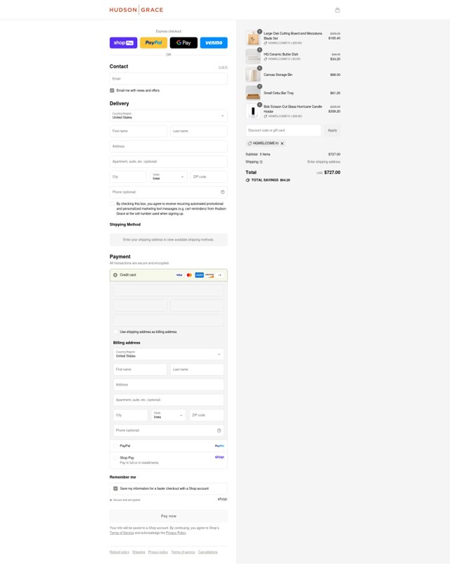 Hudson Grace checkout page showing Hudson Grace discount code box | Screenshot taken by SimplyCodes community member on Aug 28, 2025