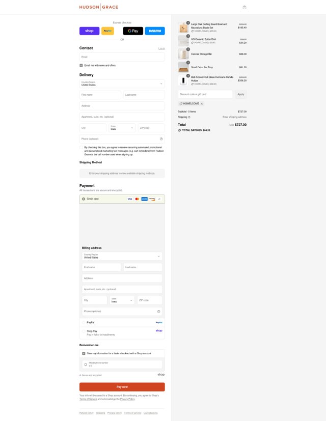 Hudson Grace checkout page showing Hudson Grace discount code box | Screenshot taken by SimplyCodes community member on Sep 4, 2025