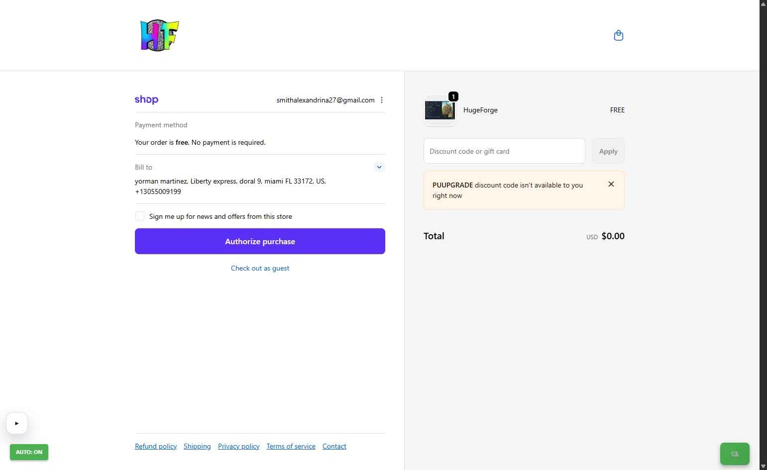 HueForge checkout page showing HueForge discount code box | Screenshot taken by SimplyCodes community member on Jan 19, 2026