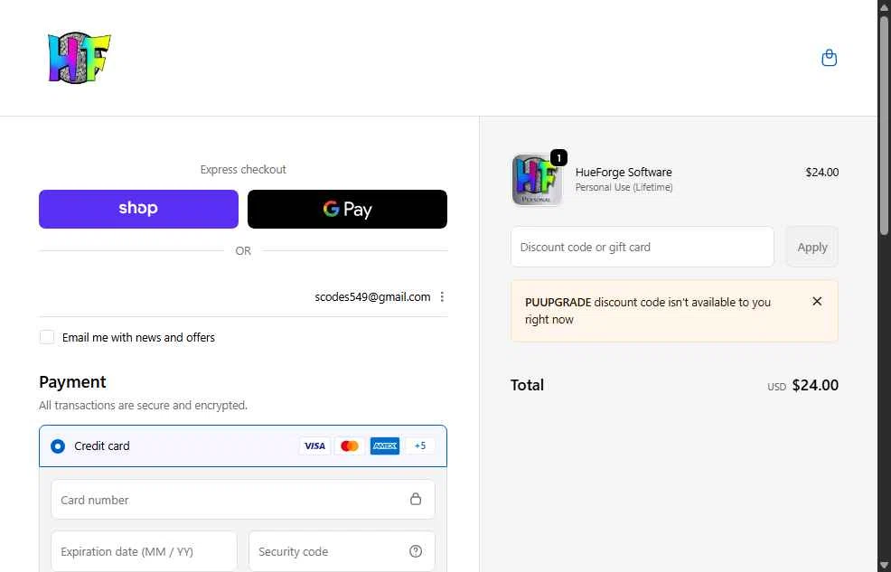 HueForge checkout page showing HueForge discount code box | Screenshot taken by SimplyCodes community member on Dec 20, 2025