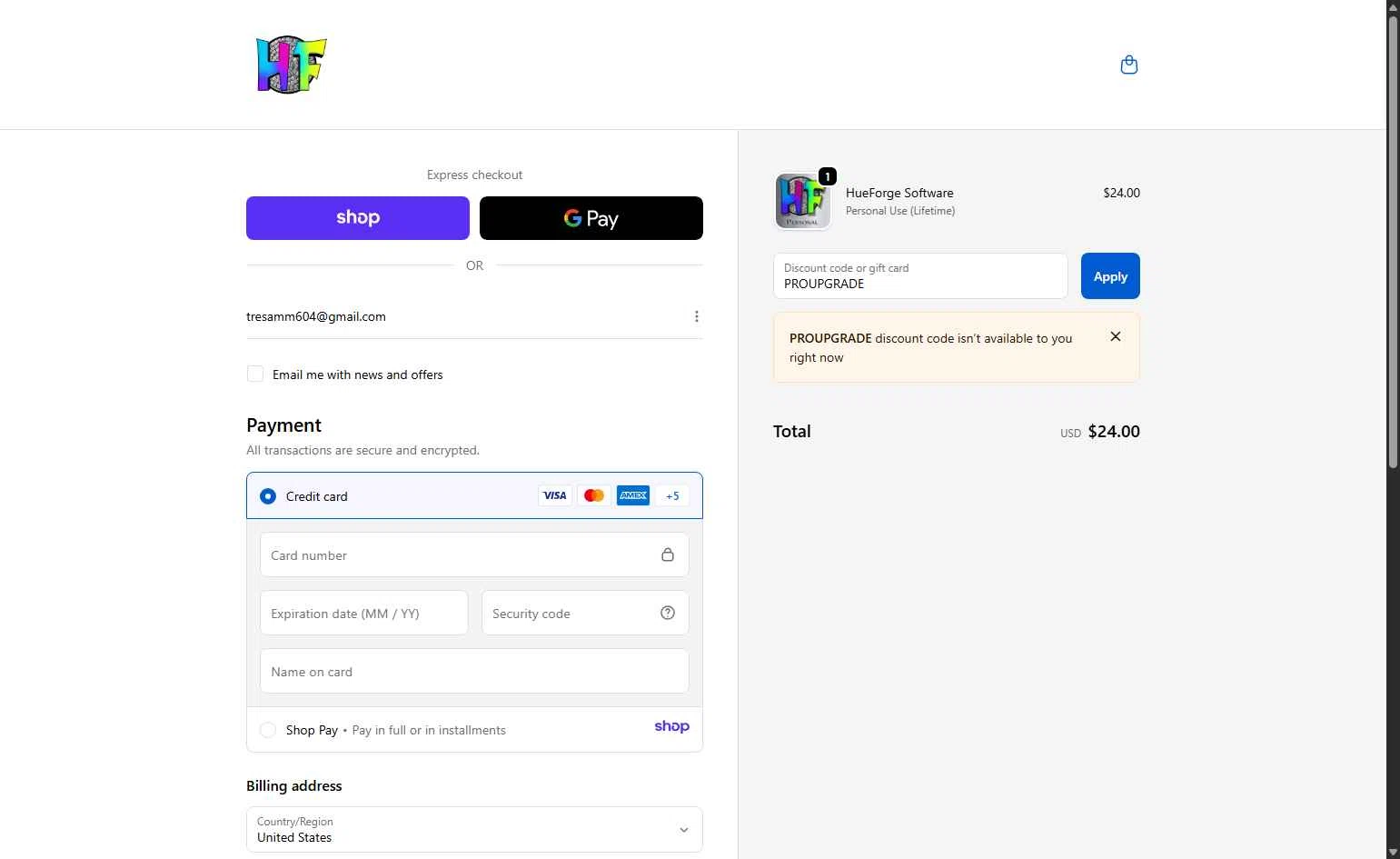 HueForge checkout page showing HueForge discount code box | Screenshot taken by SimplyCodes community member on Nov 20, 2025