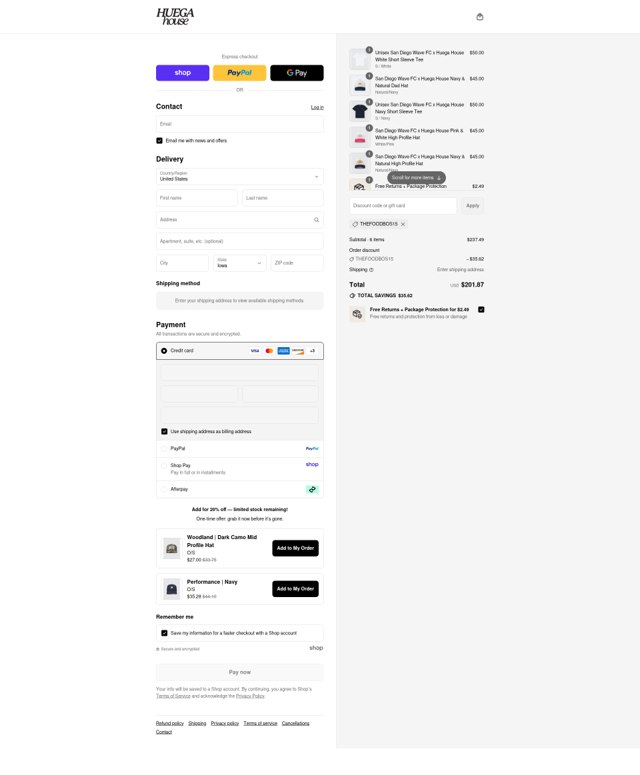 Huega House checkout page showing Huega House discount code box | Screenshot taken by SimplyCodes community member on Sep 1, 2025
