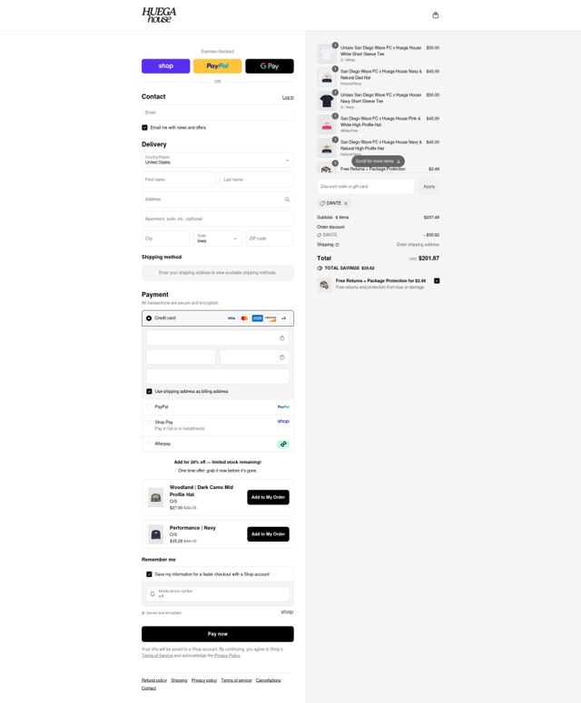 Huega House checkout page showing Huega House discount code box | Screenshot taken by SimplyCodes community member on Sep 1, 2025