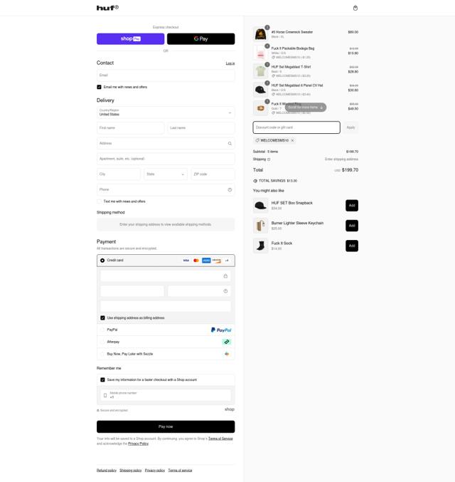 HUF checkout page showing HUF discount code box | Screenshot taken by SimplyCodes community member on Mar 6, 2025