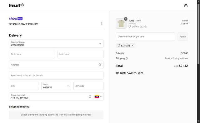 HUF checkout page showing HUF discount code box | Screenshot taken by SimplyCodes community member on May 20, 2025