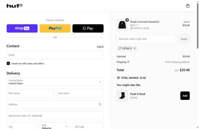 HUF checkout page showing HUF discount code box | Screenshot taken by SimplyCodes community member on May 20, 2025