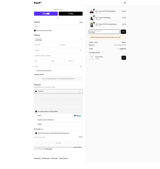HUF checkout page showing HUF discount code box | Screenshot taken by SimplyCodes community member on Apr 20, 2025