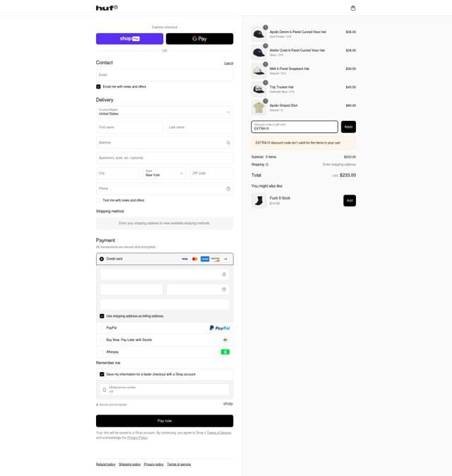 HUF checkout page showing HUF discount code box | Screenshot taken by SimplyCodes community member on May 22, 2025