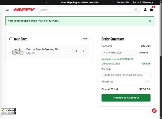 Huffy Bikes checkout page showing Huffy Bikes coupon code box | Screenshot taken by SimplyCodes community member on Aug 1, 2025