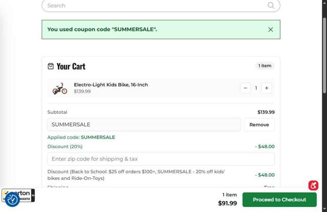 Huffy Bikes checkout page showing Huffy Bikes coupon code box | Screenshot taken by SimplyCodes community member on Aug 14, 2025