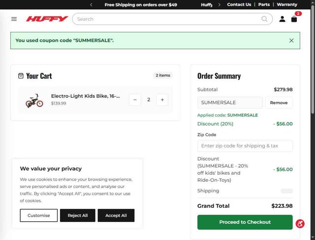 Huffy Bikes checkout page showing Huffy Bikes coupon code box | Screenshot taken by SimplyCodes community member on Sep 4, 2025