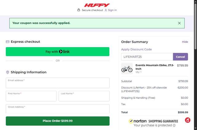 Huffy Bikes checkout page showing Huffy Bikes coupon code box | Screenshot taken by SimplyCodes community member on Aug 1, 2025