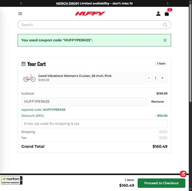 Huffy Bikes checkout page showing Huffy Bikes coupon code box | Screenshot taken by SimplyCodes community member on Aug 1, 2025