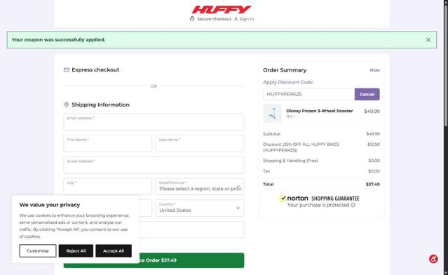 Huffy Bikes checkout page showing Huffy Bikes coupon code box | Screenshot taken by SimplyCodes community member on Aug 11, 2025