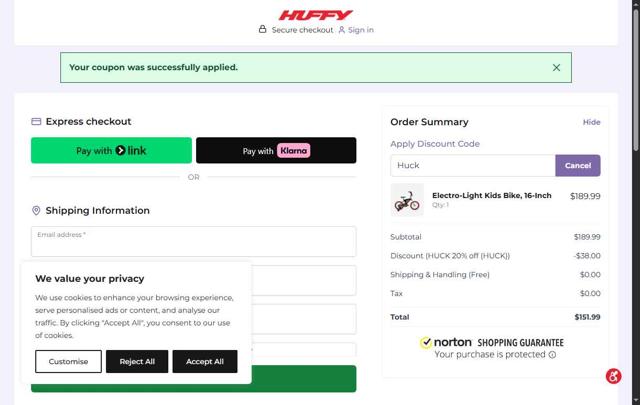 Huffy Bikes checkout page showing Huffy Bikes coupon code box | Screenshot taken by SimplyCodes community member on Aug 1, 2025