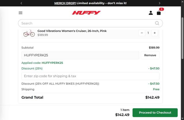Huffy Bikes checkout page showing Huffy Bikes coupon code box | Screenshot taken by SimplyCodes community member on Sep 4, 2025