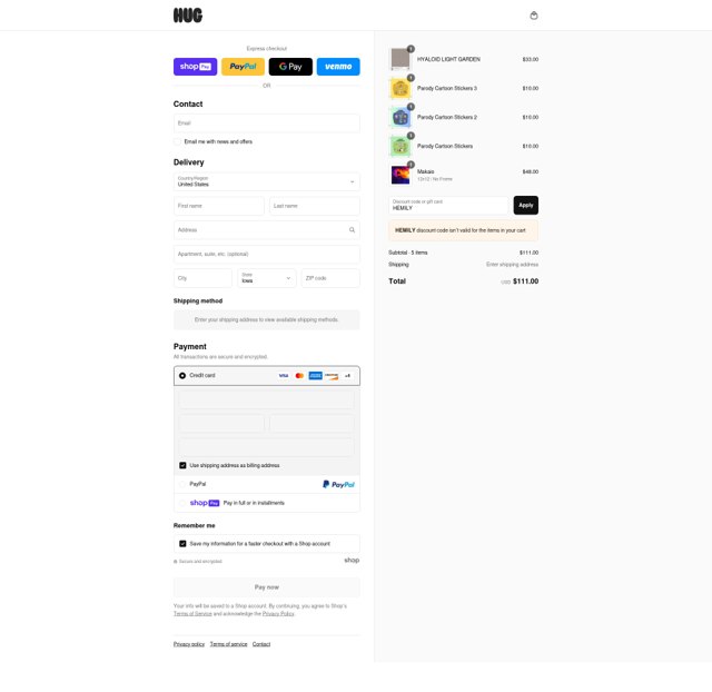 HUG checkout page showing HUG promo code box | Screenshot taken by SimplyCodes community member on Aug 8, 2025