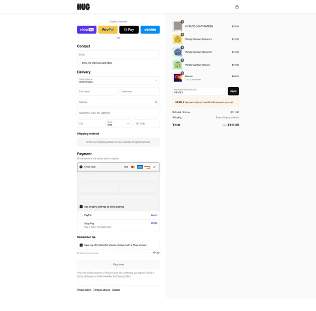 HUG checkout page showing HUG promo code box | Screenshot taken by SimplyCodes community member on Aug 20, 2025