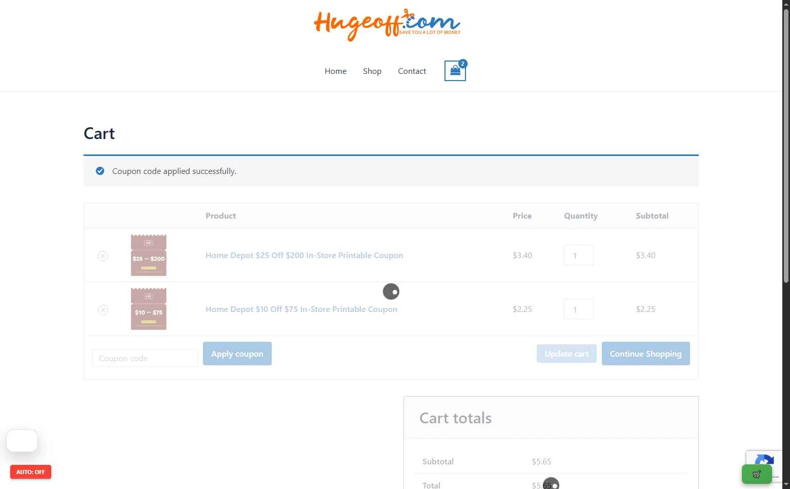 Hugeoff checkout page showing Hugeoff coupon code box | Screenshot taken by SimplyCodes community member on Jan 12, 2026