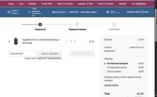 HugglePets UK checkout page showing HugglePets UK discount code box | Screenshot taken by SimplyCodes community member on Jul 22, 2025