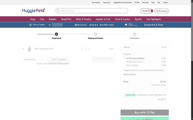 HugglePets UK checkout page showing HugglePets UK discount code box | Screenshot taken by SimplyCodes community member on Jun 27, 2025