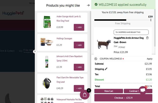 HugglePets UK checkout page showing HugglePets UK discount code box | Screenshot taken by SimplyCodes community member on Jun 5, 2025