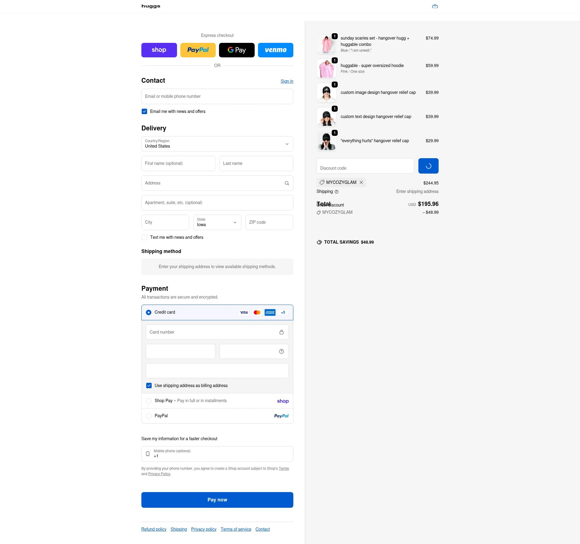 huggs checkout page showing huggs promo code box | Screenshot taken by SimplyCodes community member on Feb 13, 2026