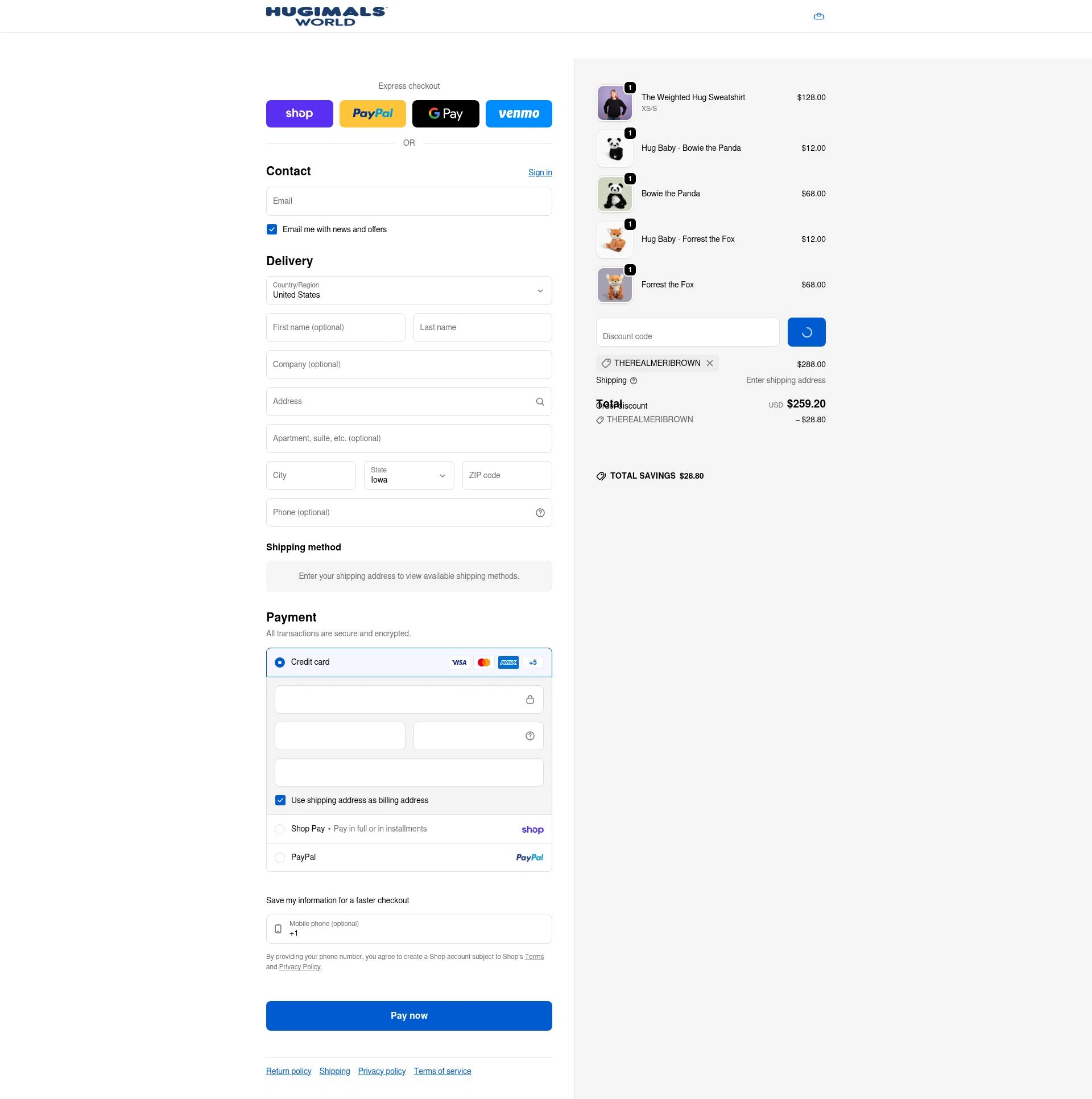 Hugimals World checkout page showing Hugimals World promo code box | Screenshot taken by SimplyCodes community member on Feb 1, 2026