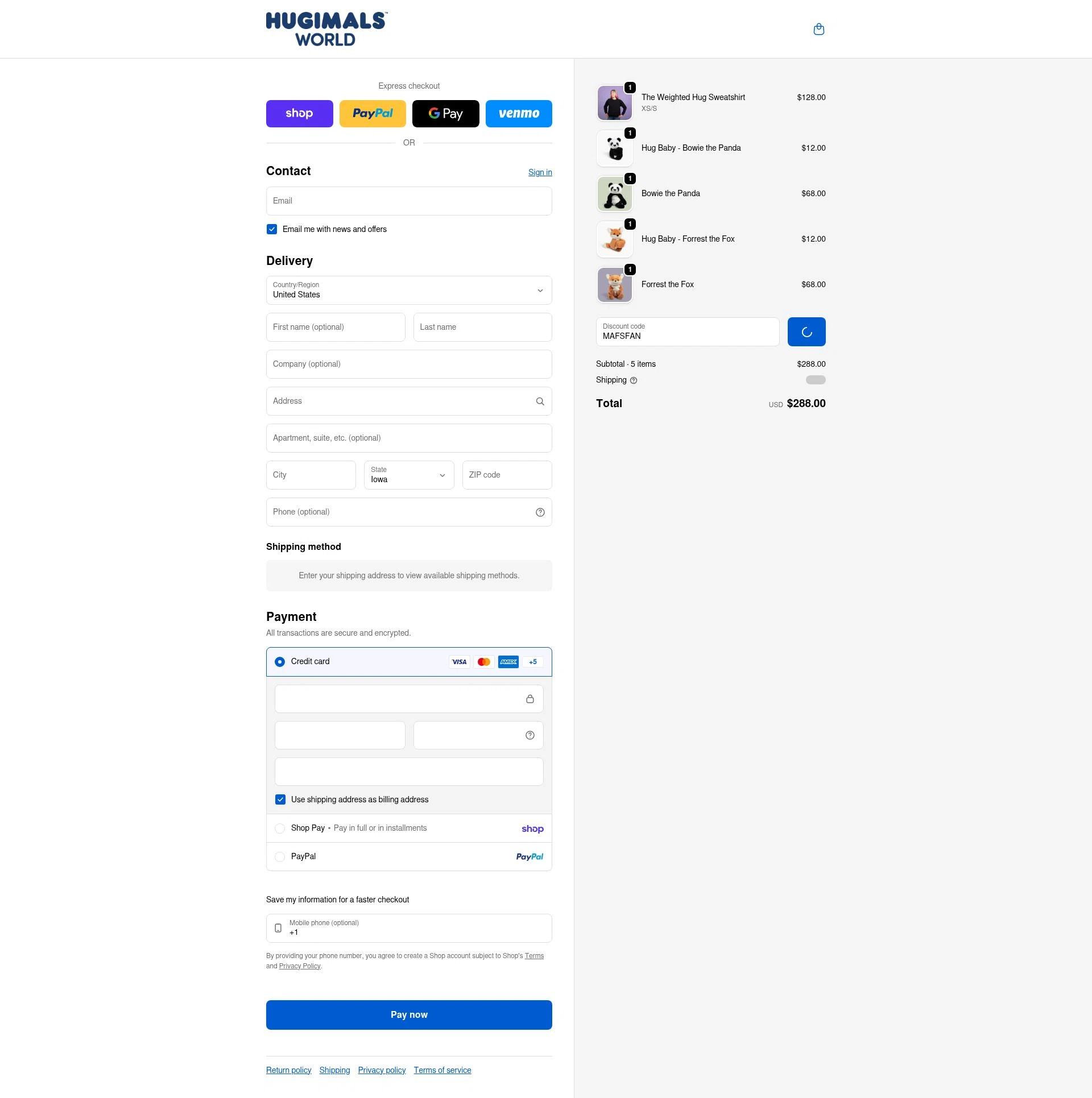 Hugimals World checkout page showing Hugimals World promo code box | Screenshot taken by SimplyCodes community member on Feb 1, 2026