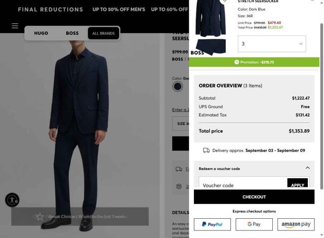 HUGO BOSS checkout page showing HUGO BOSS coupon code box | Screenshot taken by SimplyCodes community member on Aug 31, 2025
