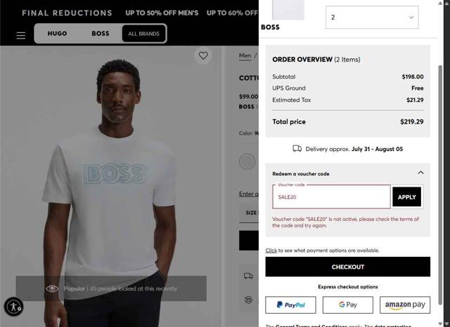 HUGO BOSS checkout page showing HUGO BOSS coupon code box | Screenshot taken by SimplyCodes community member on Jul 30, 2025