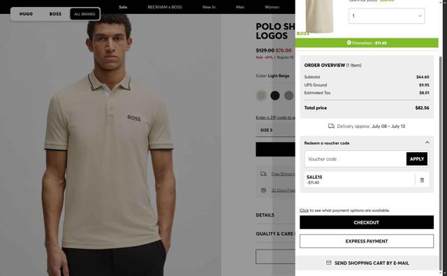 HUGO BOSS checkout page showing HUGO BOSS coupon code box | Screenshot taken by SimplyCodes community member on Jul 6, 2025