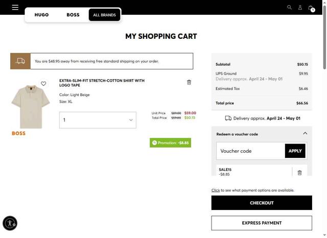 HUGO BOSS checkout page showing HUGO BOSS coupon code box | Screenshot taken by SimplyCodes community member on Apr 22, 2025