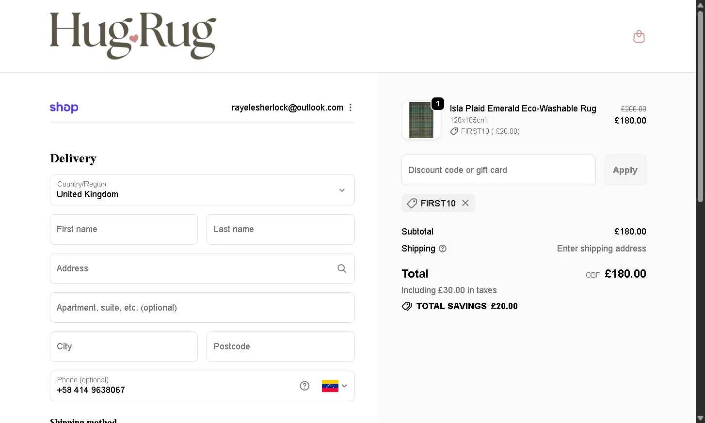 Hug Rug checkout page showing Hug Rug discount code box | Screenshot taken by SimplyCodes community member on Dec 4, 2025