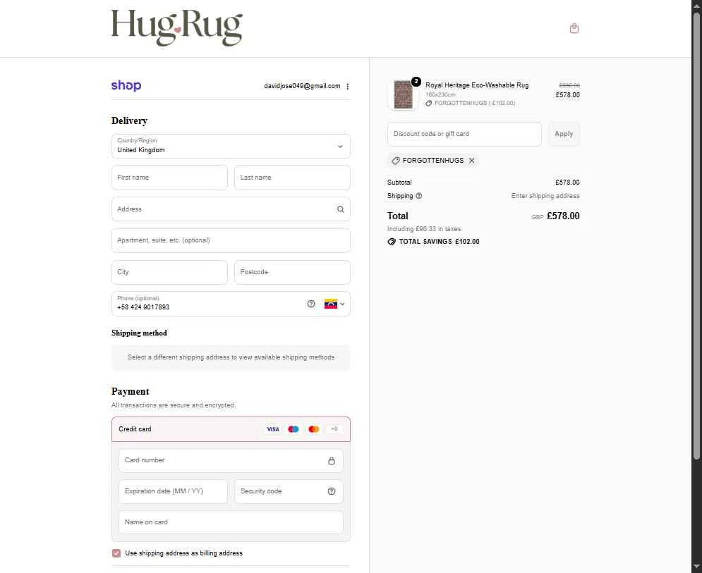 Hug Rug checkout page showing Hug Rug discount code box | Screenshot taken by SimplyCodes community member on Dec 31, 2025