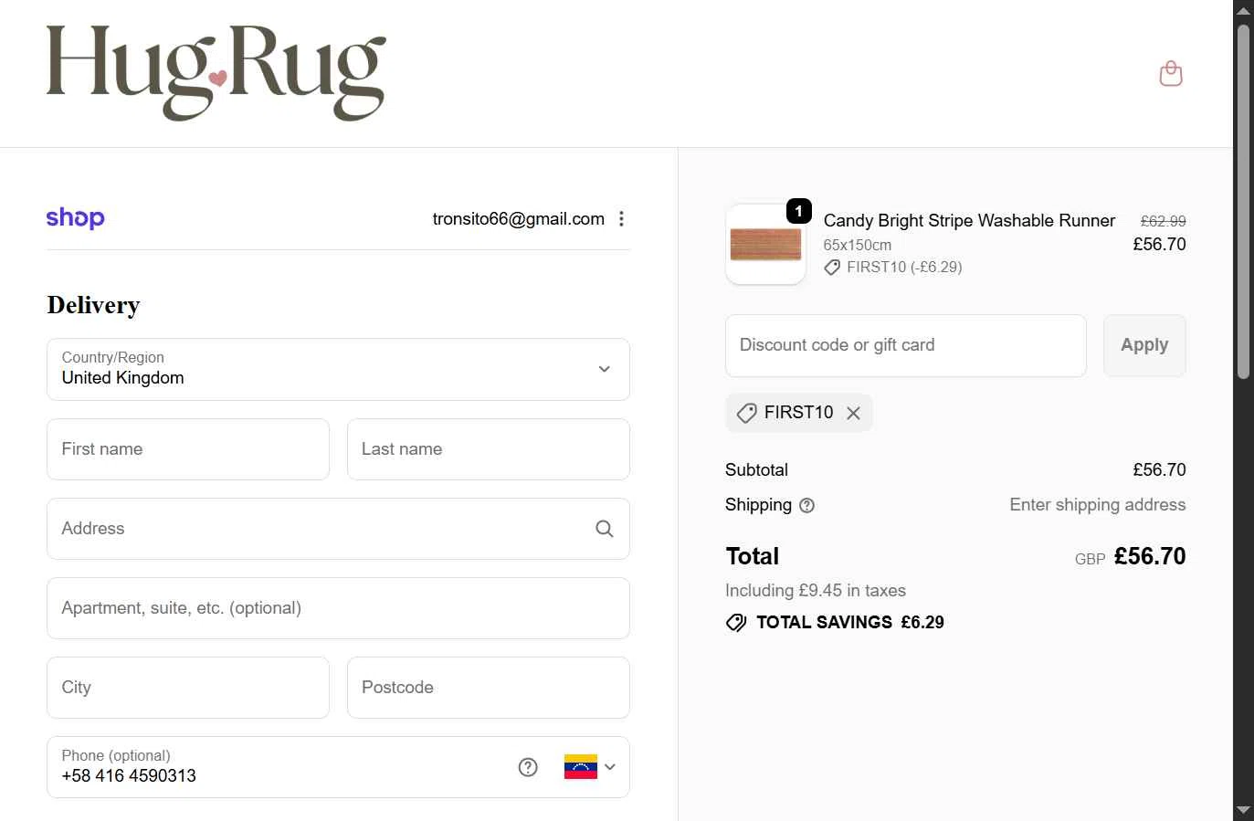 Hug Rug checkout page showing Hug Rug discount code box | Screenshot taken by SimplyCodes community member on Dec 31, 2025