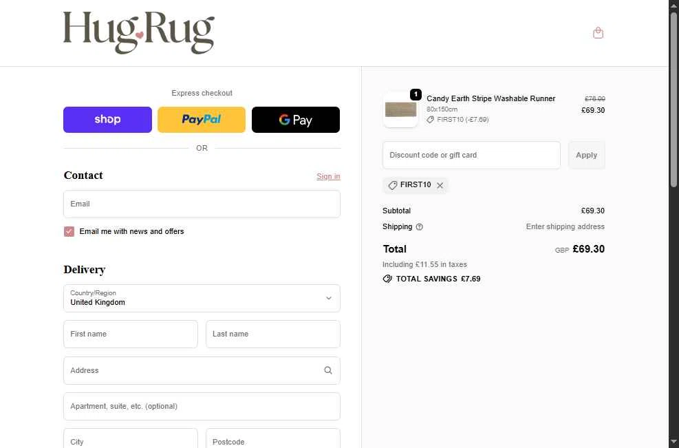 Hug Rug checkout page showing Hug Rug discount code box | Screenshot taken by SimplyCodes community member on Nov 12, 2025