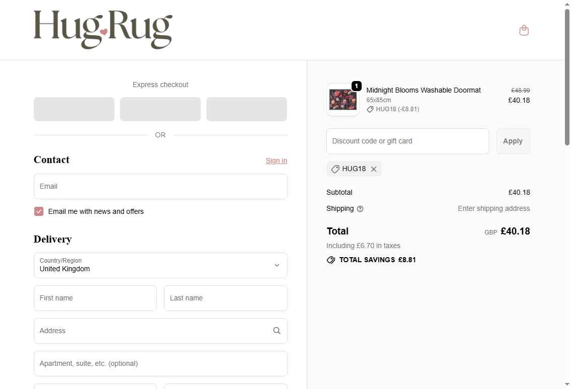 Hug Rug checkout page showing Hug Rug discount code box | Screenshot taken by SimplyCodes community member on Sep 21, 2025