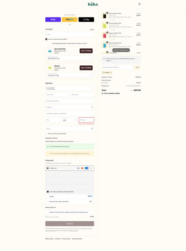 Huha checkout page showing Huha discount code box | Screenshot taken by SimplyCodes community member on Sep 9, 2025