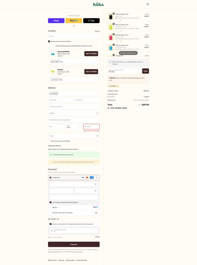 Huha checkout page showing Huha discount code box | Screenshot taken by SimplyCodes community member on Sep 9, 2025