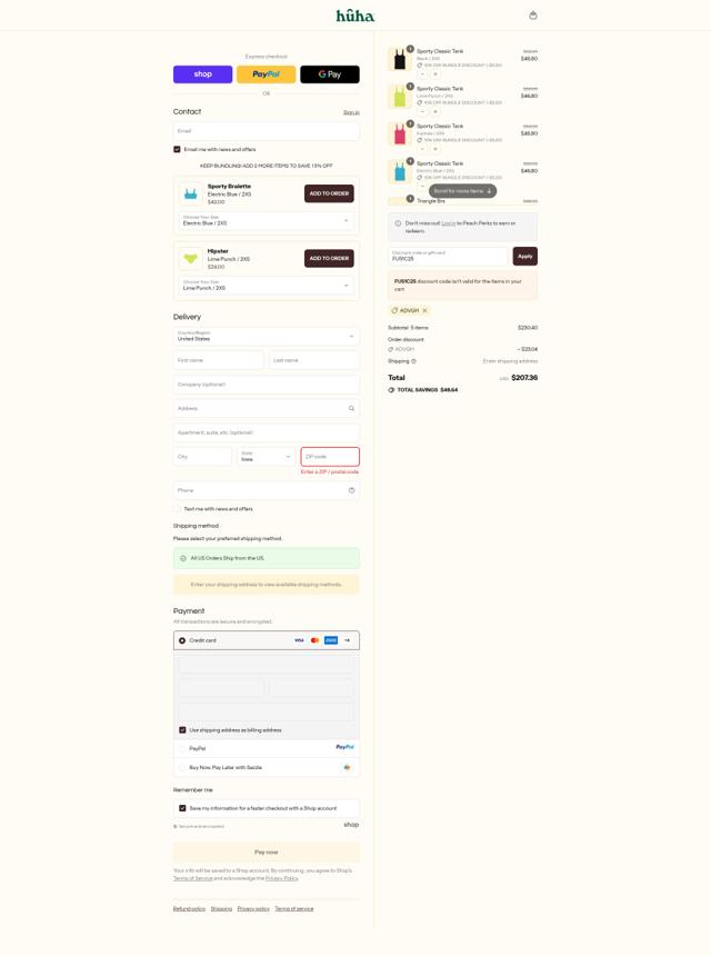 Huha checkout page showing Huha discount code box | Screenshot taken by SimplyCodes community member on Sep 9, 2025