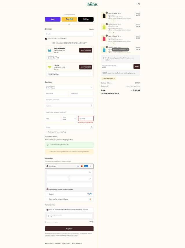 Huha checkout page showing Huha discount code box | Screenshot taken by SimplyCodes community member on Sep 9, 2025