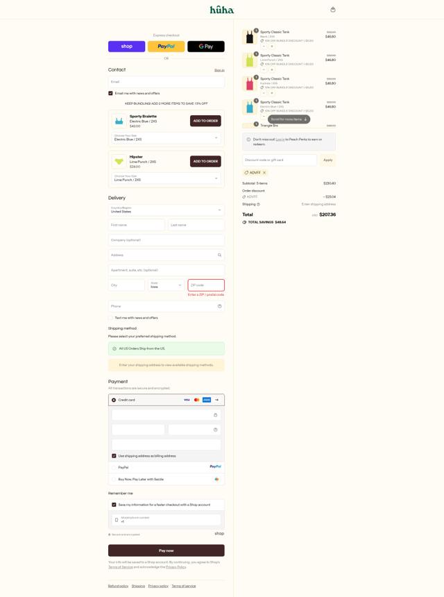 Huha checkout page showing Huha discount code box | Screenshot taken by SimplyCodes community member on Sep 9, 2025