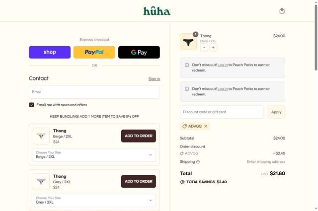 Huha checkout page showing Huha discount code box | Screenshot taken by SimplyCodes community member on Sep 9, 2025